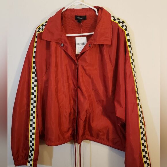 Forever 21 Plus Womens Red 3x NWT Cropped Coach Windbreaker Moto Racing Check - Picture 8 of 8